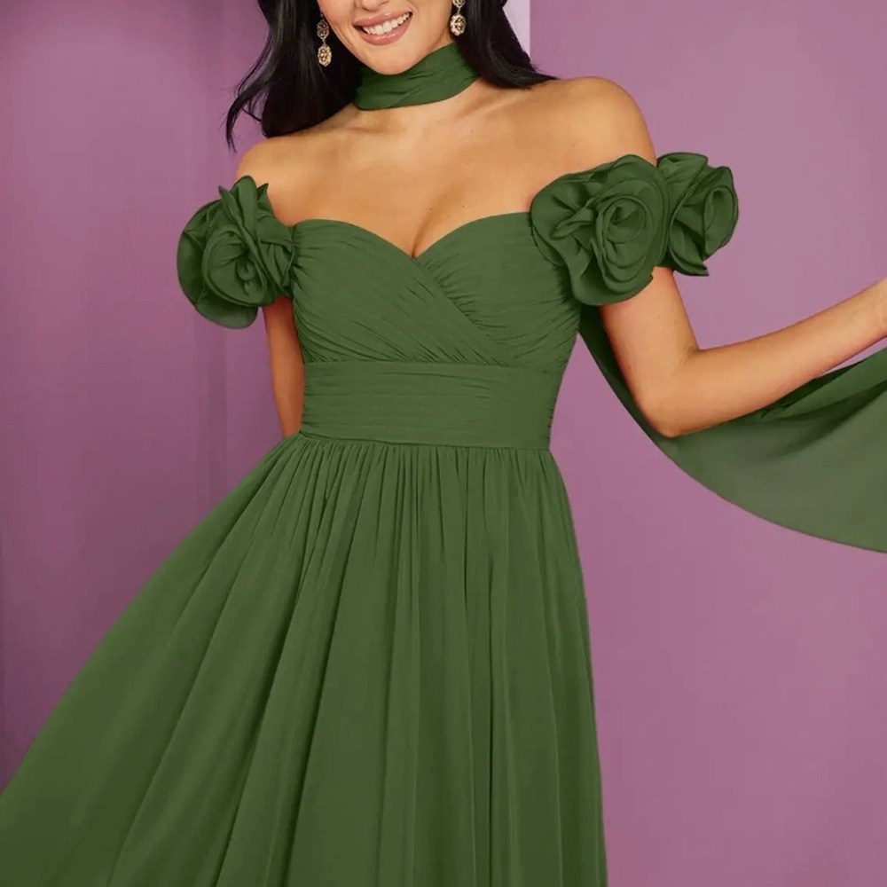 Barbie by Azazie A-Line Off Shoulder Chiffon Convertible Dress Olive Green NWT - Picture 8 of 11